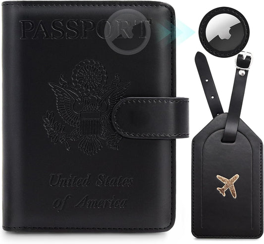 Passport Holder For Travel with Slot for AirTag & Luggage Tag Cover – RFID Blocking Travel Passport Wallet for Women/Men/Family | PU Leather Passport Case with Extra Money Pocket, Black