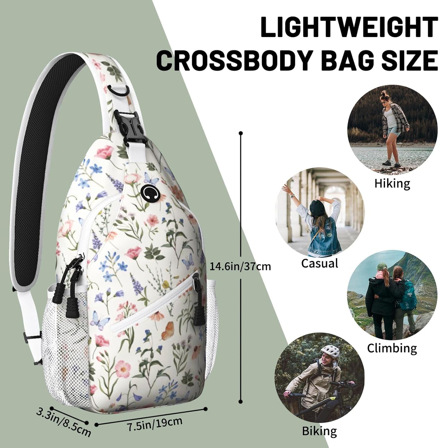 Beige Watercolor Floral Sling Bag Crossbody Chest Bag for Women Men, Water Resistant Lightweight Casual Crossbody Bag with Adjustable Strap, Travel Hiking Daypack Shoulder Backpack