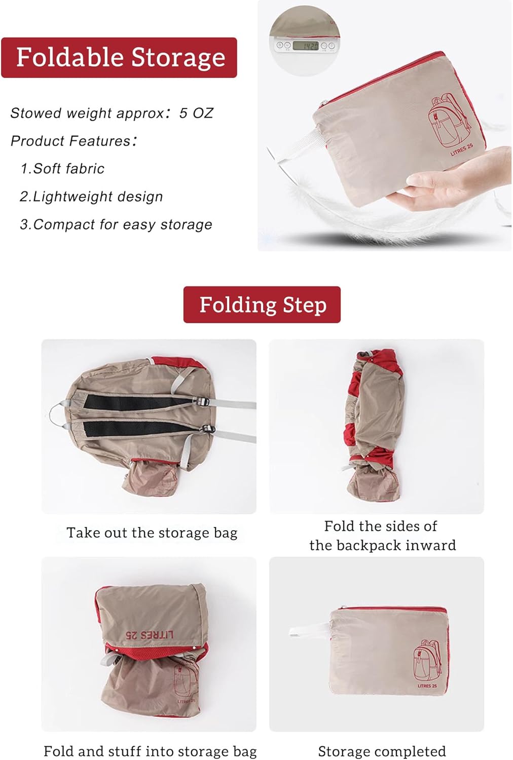 25L Lightweight Foldable Shoulder Backpack Splash Proof Outdoor Sports Daypack Travel Camping Hiking Bag For Men Women (Red)