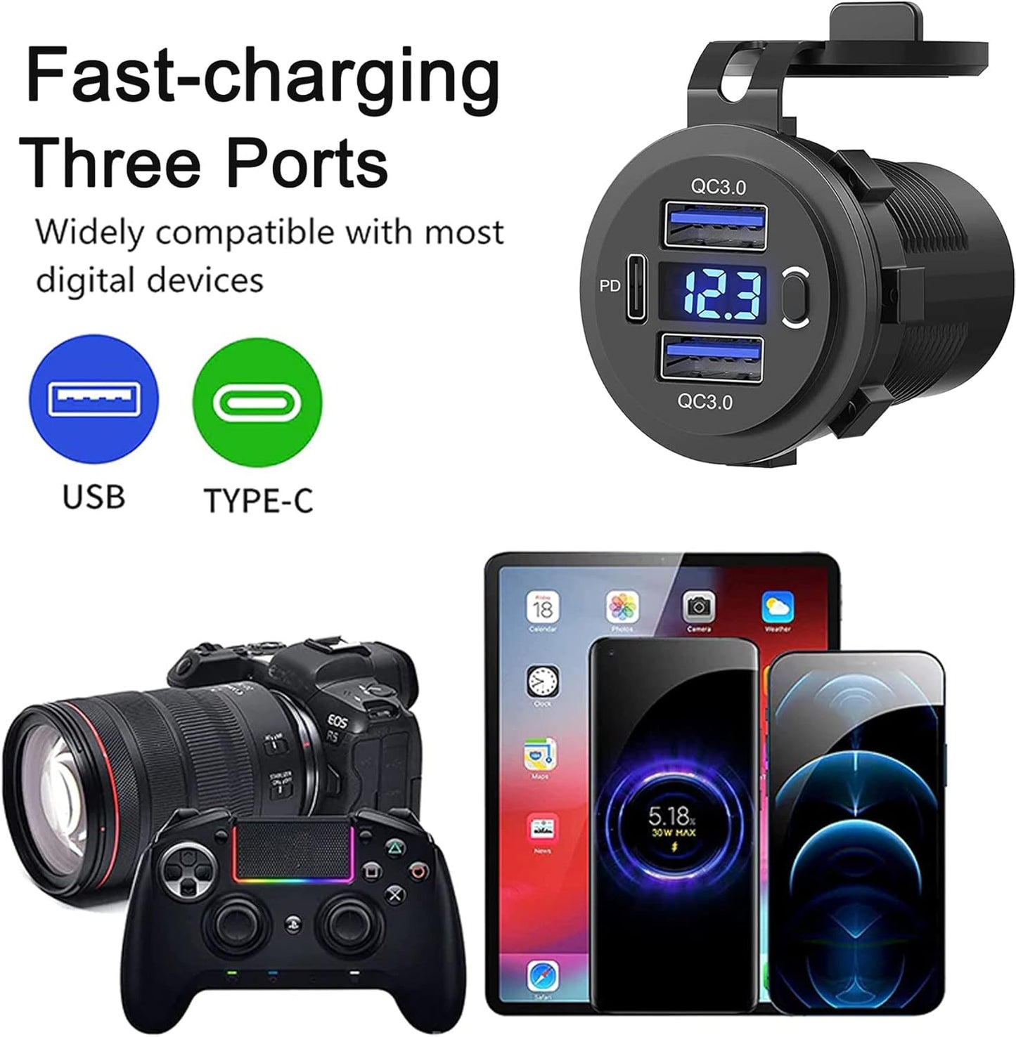 Zennova [5 Pack] 12v USB Outlet, Dual USB Quick Charge 3.0 Port and PD USB C Car Charger Socket Waterproof with Voltmeter and Power Switch for Car Golf Cart Boat Marine Bus Truck RV Marine Motorcycle