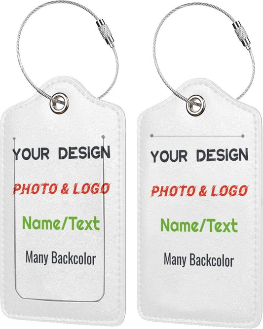 2-Packs Customized Personalized Luggage Tags for Suitcases with Your Photo & Text & Logo, Design Your Own Leather Luggage Tag with Full Back Privacy Name ID Card Stainless Steel Loop for Travel