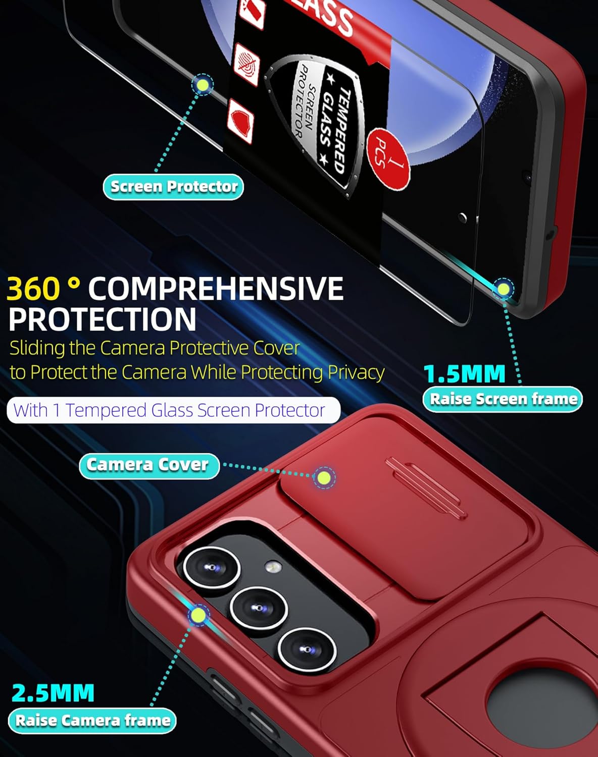 for Samsung Galaxy S23 FE Case Magnetic Compatible with MagSafe Wireless Charging,with 2 Screen Protectors,Built-in Stand Ring+Camera Cover Anti-Scratch Shockproof Heavy Duty Protection Red