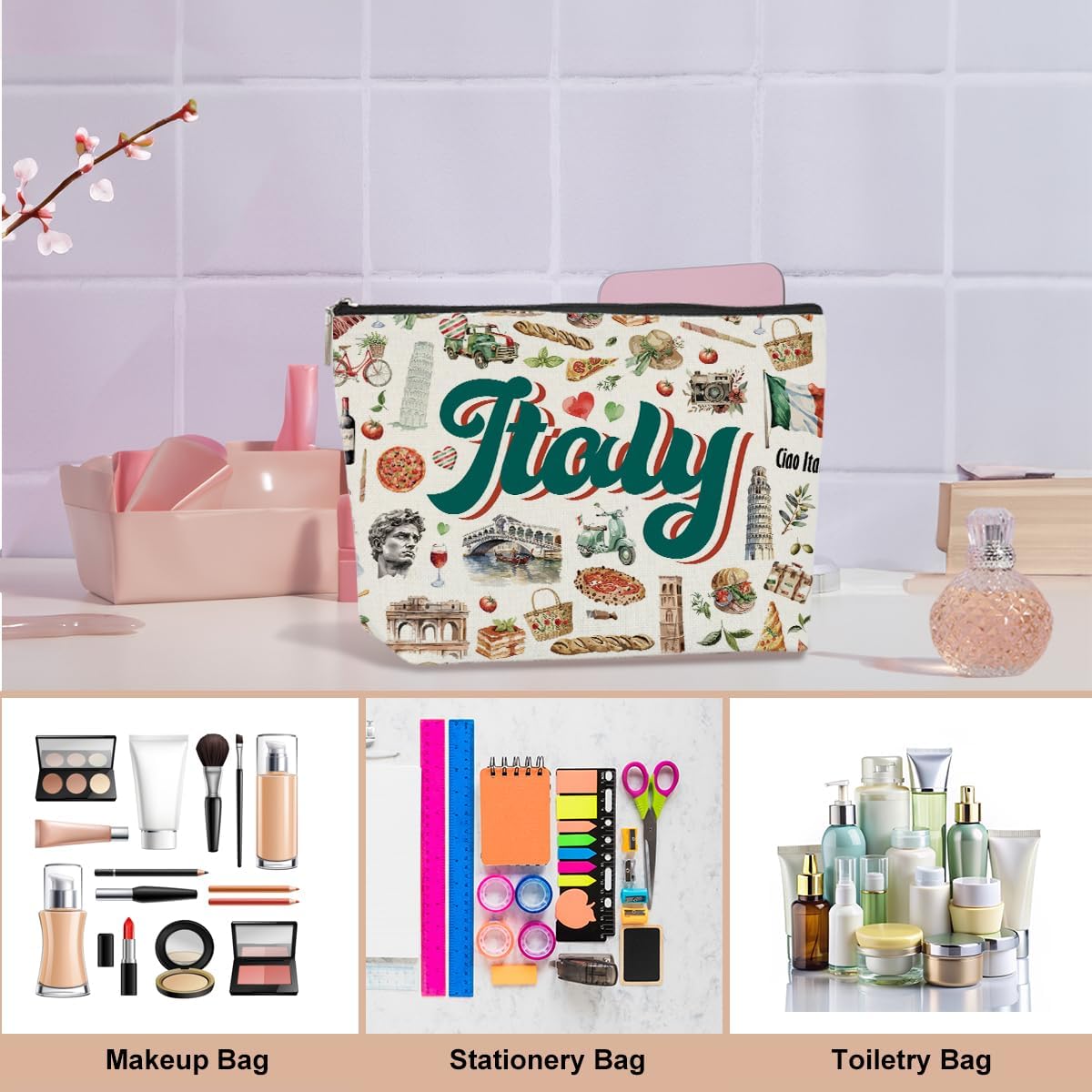 Italy Travel Essentials Italian Gifts Makeup Bag Cosmetic Bag for Women Friend Lady Sister Bestie Italy Travel Lover Weekend Bag Vacation Christmas Birthday Friendship
