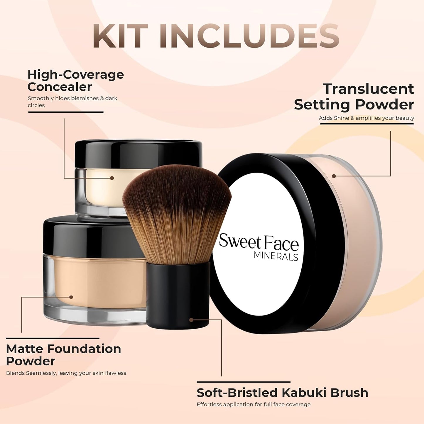 4pc Full Size Kit (Fair 1) Mineral Makeup Matte Translucent Loose Foundation + Kabuki Brush + Concealer + Finishing Setting Powder + Bare Face Full Coverage SPF 30 All Skin Types Waterproof