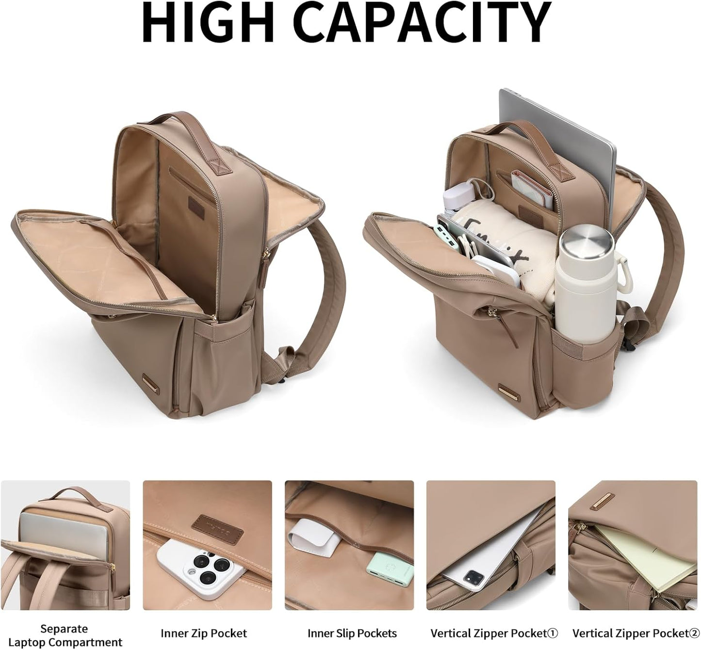 Stylish Laptop Backpack for Women Airline Approved Perfect for Work College and Travel Multi-Functional Casual Daypack Fits 14 Inch Notebook (Champagne)