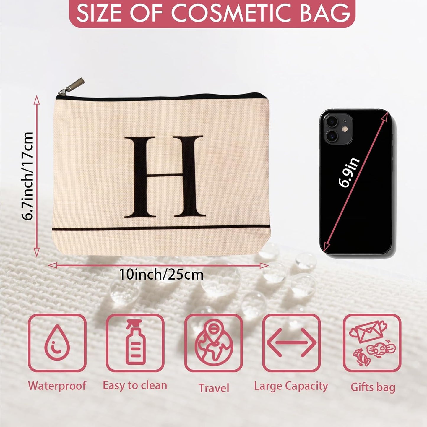 Letter A-Z Initial Personalized Makeup Bags, Birthday Gifts for Women, Monogrammed Gifts for Women Mom Sister Best Friend Bride Bridesmaid, Mothers Day, Christmas, Small Travel Cosmetic Bag (H)