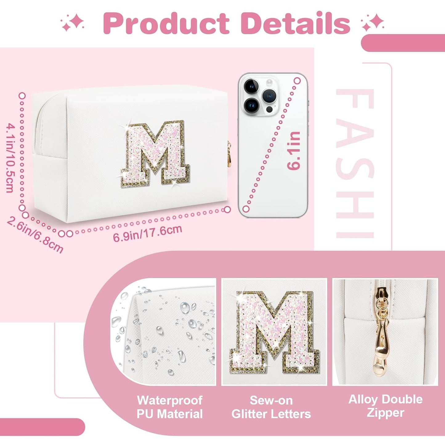 Small Initial Patch Makeup Bag Personalized Gifts Make Up Bag,White Cute PU Leather Glitter Letter Cosmetic Bag with Zipper,Trendy Portable Travel Toiletry Pouch,Preppy Stuff for Teen Girls Women M