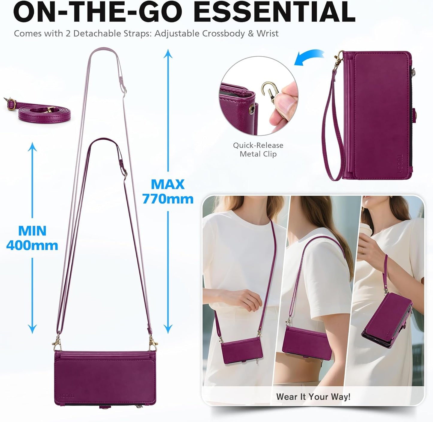 TUCCH Crossbody Detachable Wallet Case for iPhone 17 (6.3") 2025, 9 Card Holders RFID Blocking, Wireless Charging, Stand, Wrist Strap, Lanyard, Zipper Pocket, PU Leather Shockproof Cover, Plum Purple