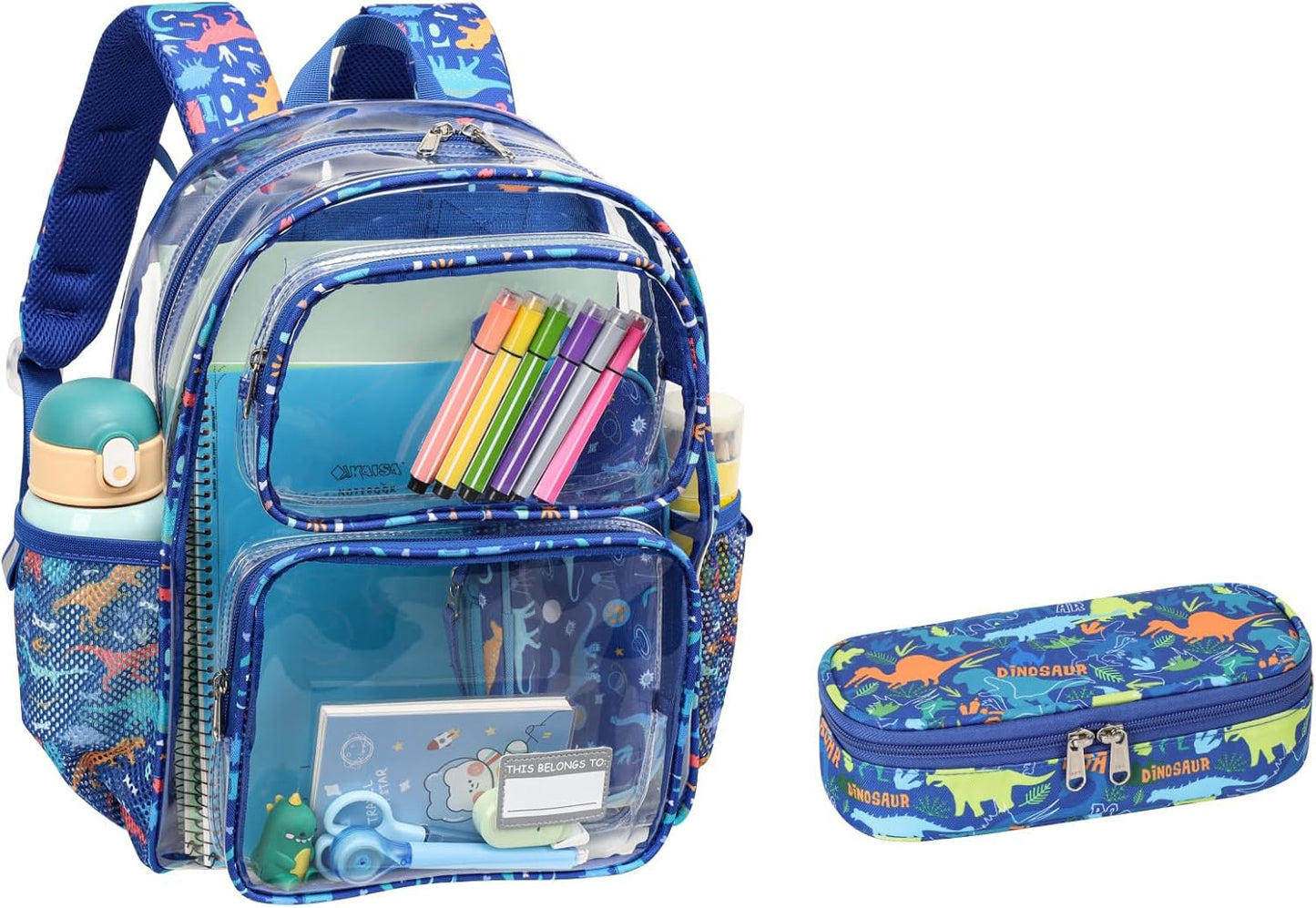 Bagseri 2pcs Clear Backpack for Boys - 15 Inch Backpack and Pencil Case Set, Heavy Duty Transparent Bookbag for School, See Through Bag for Kids Aged 3 to 8, Blue Dinosaur