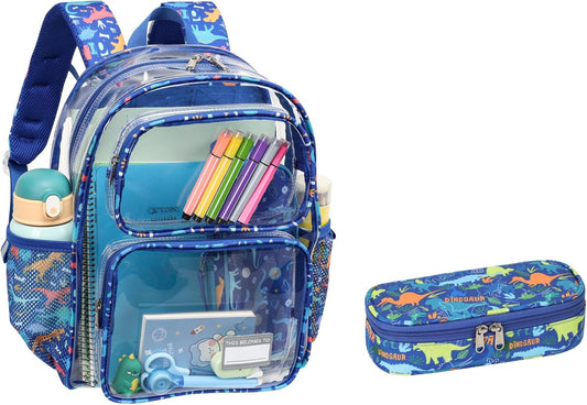 Bagseri 2pcs Clear Backpack for Boys - 15 Inch Backpack and Pencil Case Set, Heavy Duty Transparent Bookbag for School, See Through Bag for Kids Aged 3 to 8, Blue Dinosaur