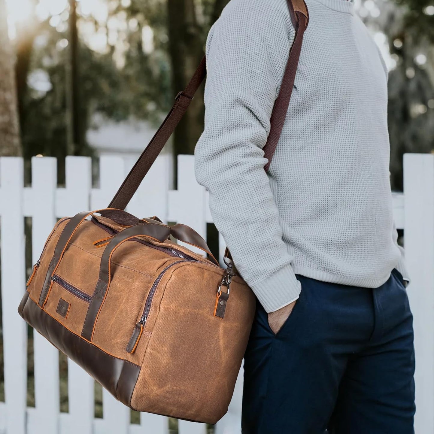 Polare 23" Waxed Canvas Cowhide Leather Travel Duffle Bag 42L Duffel Bag Waterproof Overnight Carry on Luggage Sport Weekender Bag For Men (Brown-23")