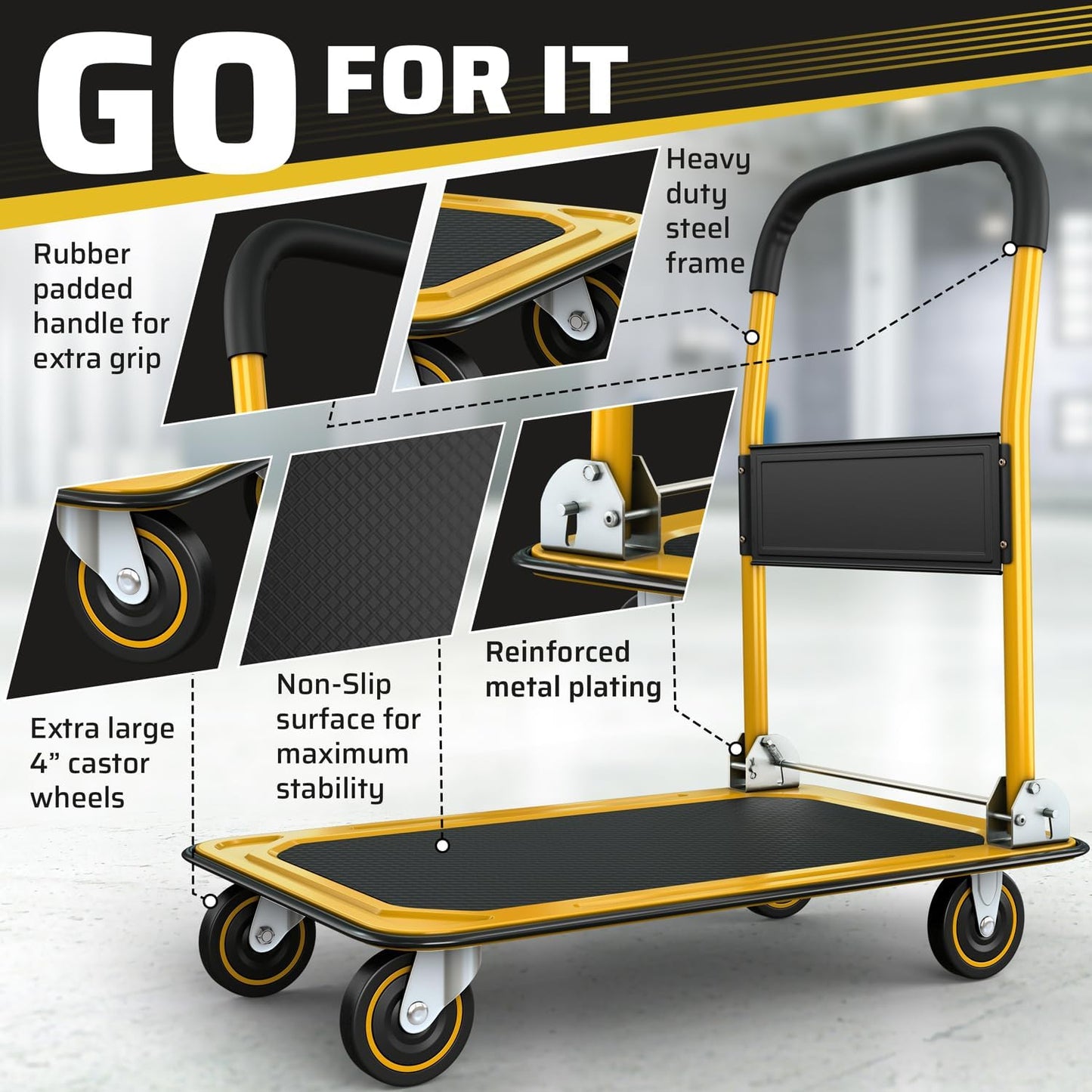 Heavy Duty Foldable Push Cart Dolly | 660 lbs. Capacity | Upgraded Collapsible Hand Truck Folding Platform with Swivel Wheels | Flat Bed Moving Wagon | Space Saving Push Handle (Yellow)