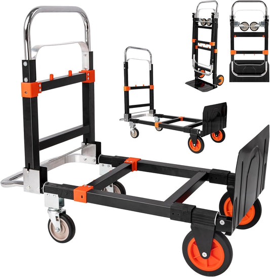 3-in-1 Aluminum Hand Truck Dolly, 660 lbs Heavy Duty Folding Trolley with Universal Wheels, Collapsible Platform Truck with Tie Down Straps for Warehouse, Supermarket, Office