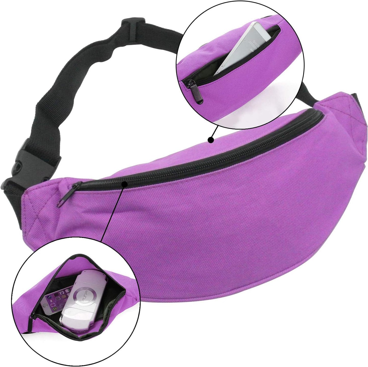 Unisex Men Women Fashion Sporty Multi-purpose 2-Zipper Waist Belt Bag Fanny Pack Adjustable Strap for Sport Hiking Traveling Passport Wallet (Purple)