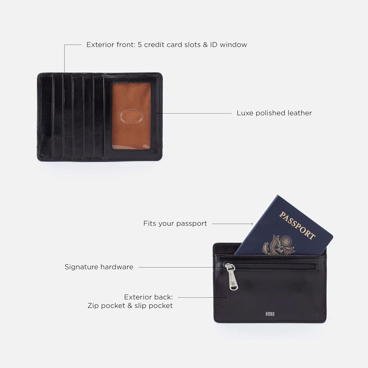 HOBO Euro Slide Leather Wallet with Passport Holder for Travel, Card and Cash Organizer, and Zipper Pocket, Black