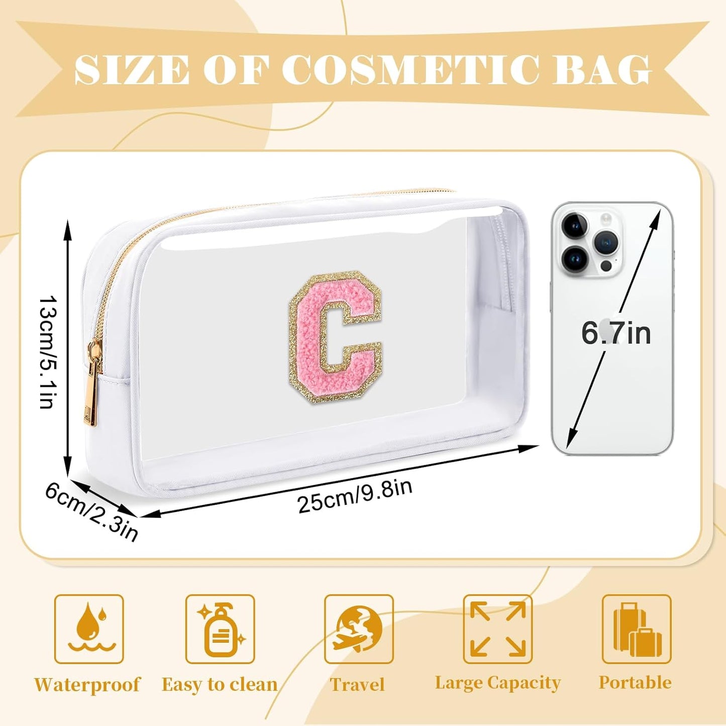Personalized Initial Letter Clear Makeup Bag,Preppy Small Nylon&PVC Cosmetic Zipper Bag with Chenille Letter,Travel Skincare Toiletry Bag,Monogram Christmas Gift for Teen Girls Women,C