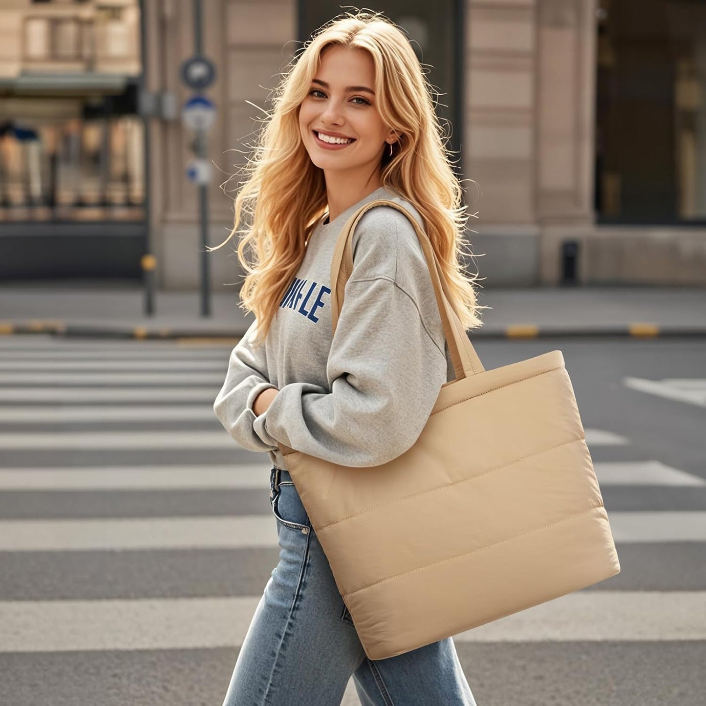 G4Free Tote Bag for Women, Puffer Casual Shoulder Bag with Cup Holder and Laptop Compartment for Travel, Work, Gym