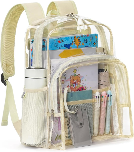 Clear Backpack for School, 17 inch Large Heavy Duty-TPU See Through Bookbag for Boys Girls and Adult, Transparent Backpack With Multi-Pockets for College Work Gym Sport, Beige