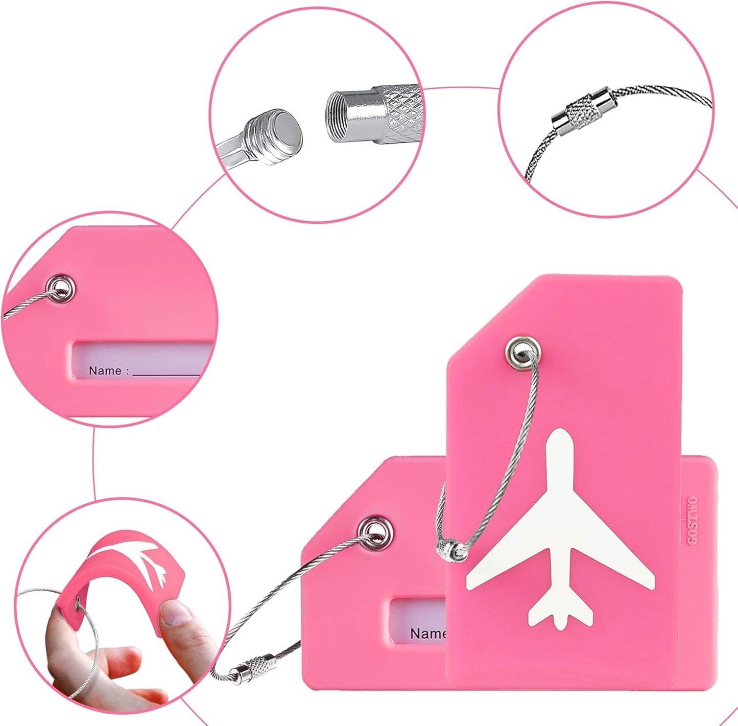 Gostwo 2 Pack Silicone Luggage Tags for Suitcases, 26 Initial Letter Baggage Labels Handbag School Bag Suitcase Instrument Tag with Stainless Steel Loop(Rose Hermosa)(Airplane)
