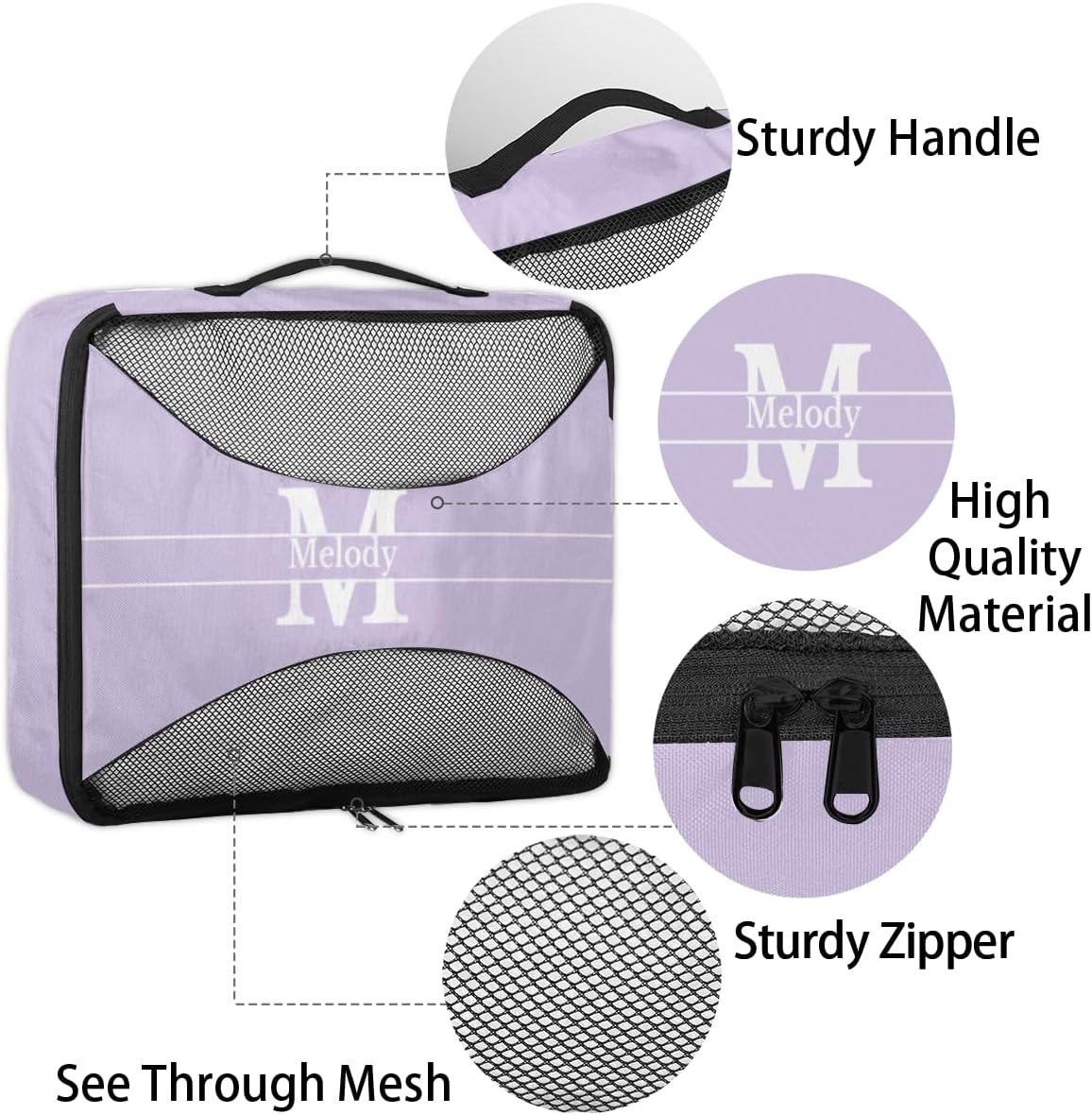 Custom Packing Cubes with Name - 4 Piece Light Purple Packing Cubes Compression Luggage Suitcase Organizer Set with Initial Letter