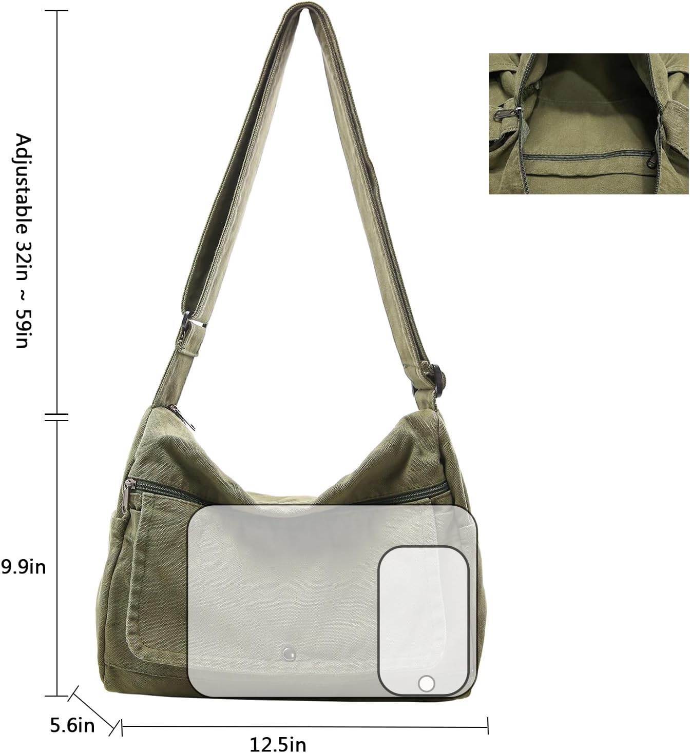 Canvas Messenger Bag for Women Hobo Crossbody Shoulder Bag Vintage Satchel Tote Handbag with Multiple Pockets