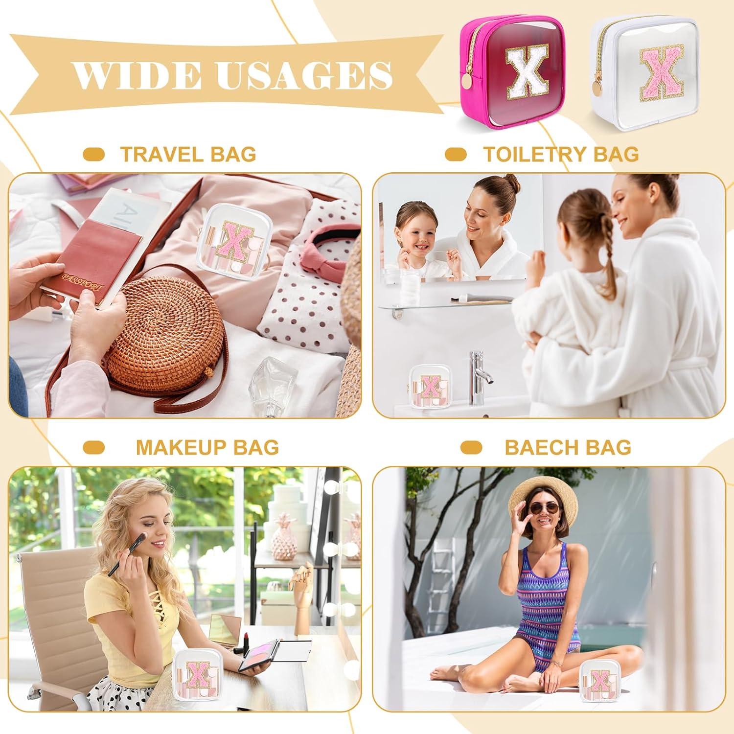 Personalized Initial Letter Clear Preppy Makeup Bag,Mini Nylon Chenille Letter Cosmetic Bag Cute