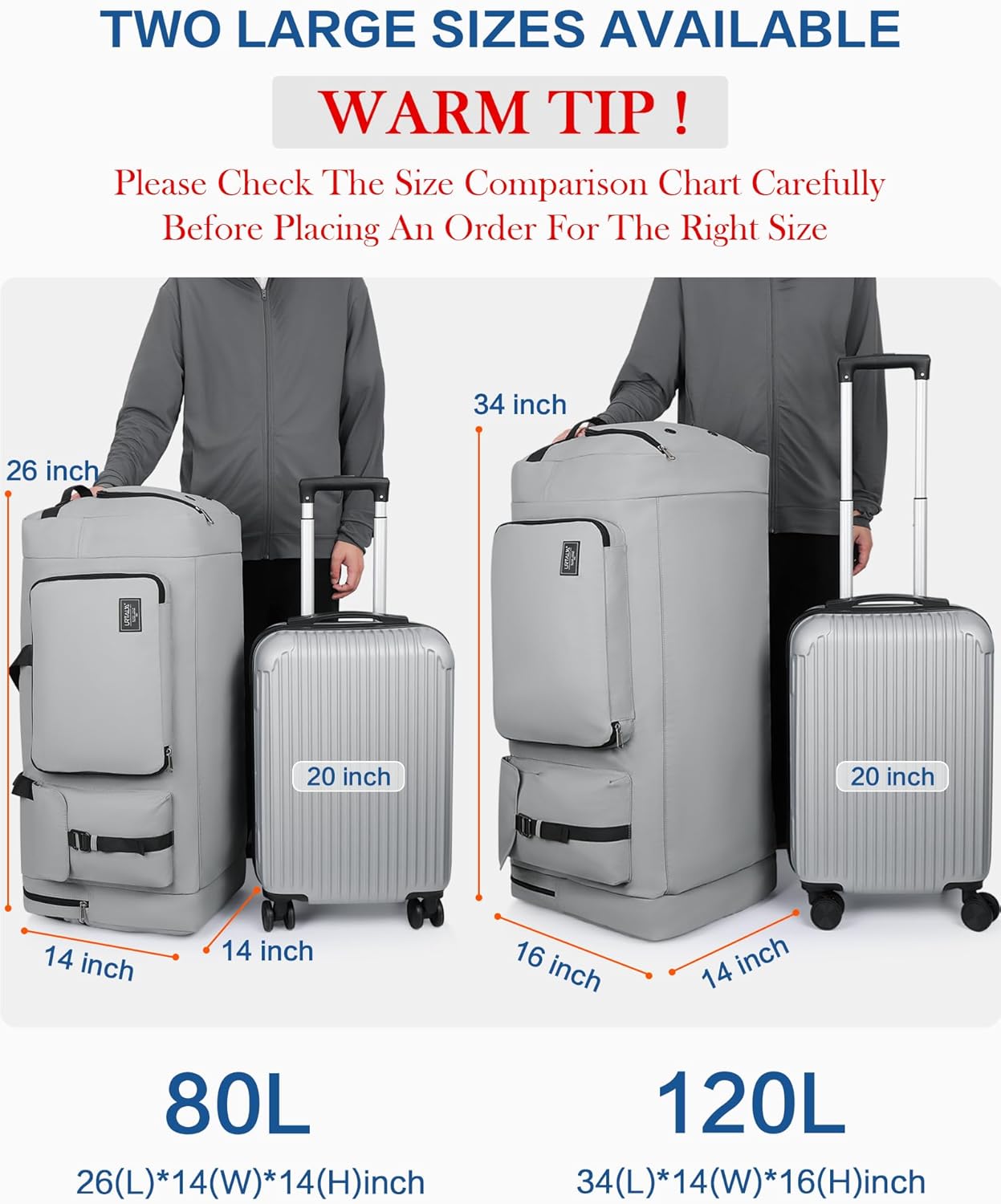 80L Large Duffle Bag for Travel, Urtala 26” Travel Duffle Bag for Men and Women, Foldable Traveling Duffel Bags with Shoes Compartment, Waterproof and Tear Resistant (Gray)