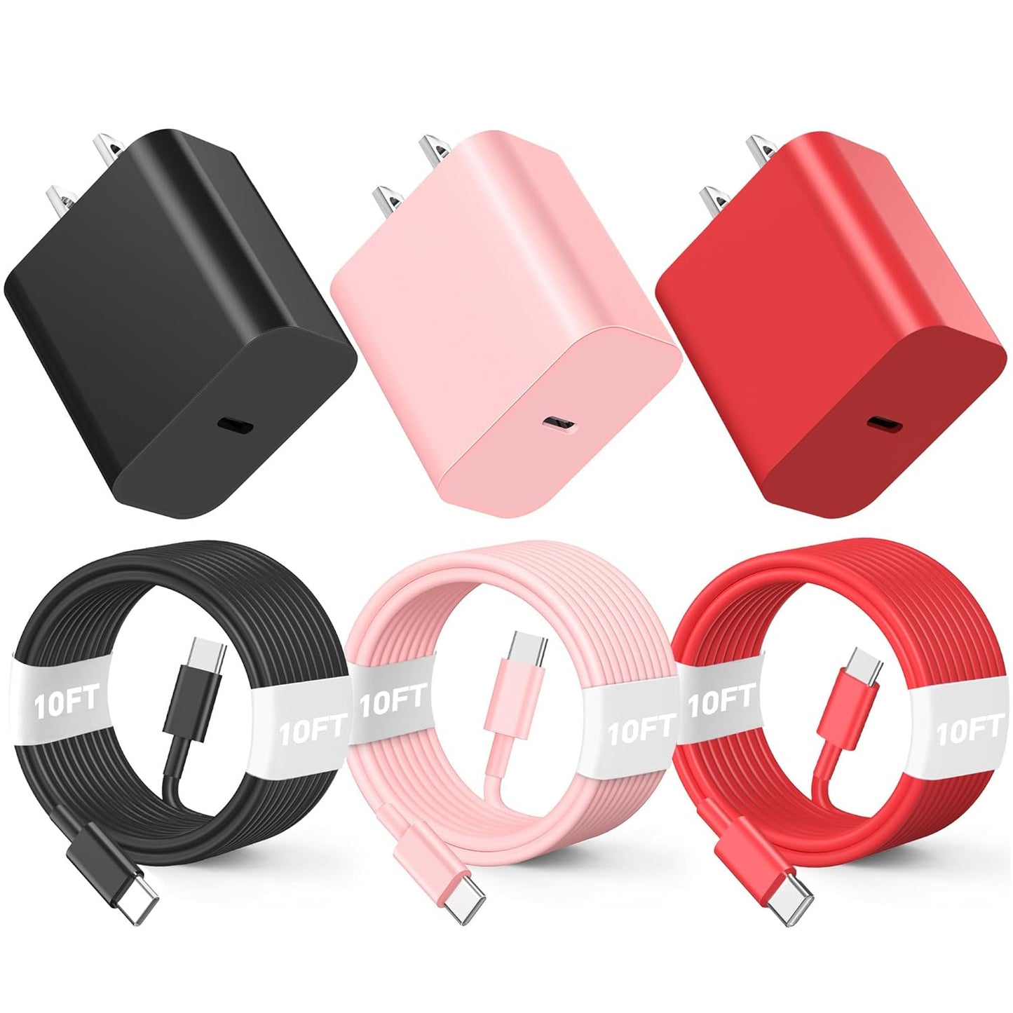 Compatible with iPhone16/15 Charger Fast Charging, 3 Pack 20W USB C Colorful Charger Block with 10 FT USB-C to C Cable for Phone16 15 Pro/Plus/Pro Max,Pad Pro 12.9/11 inch,Pad Air 5th-Pink/Red/Black