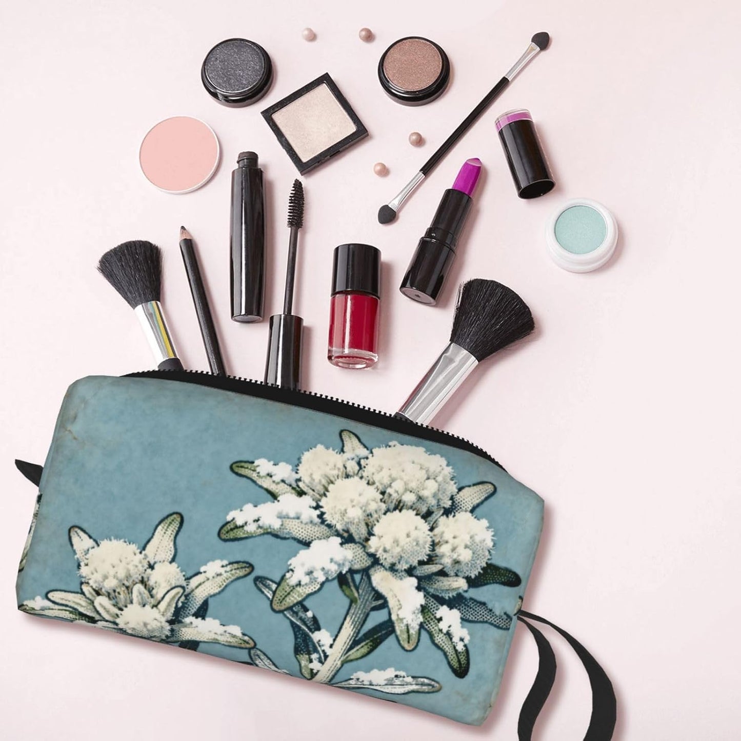 Edelweiss Light Blue Makeup Bag Organizer Compact & Durable Vintage Flower Travel Cosmetic Bag Oxford Fabric Impact-Resistant Multi-Purpose Storage Perfect for Travel, Gym, Daily Use