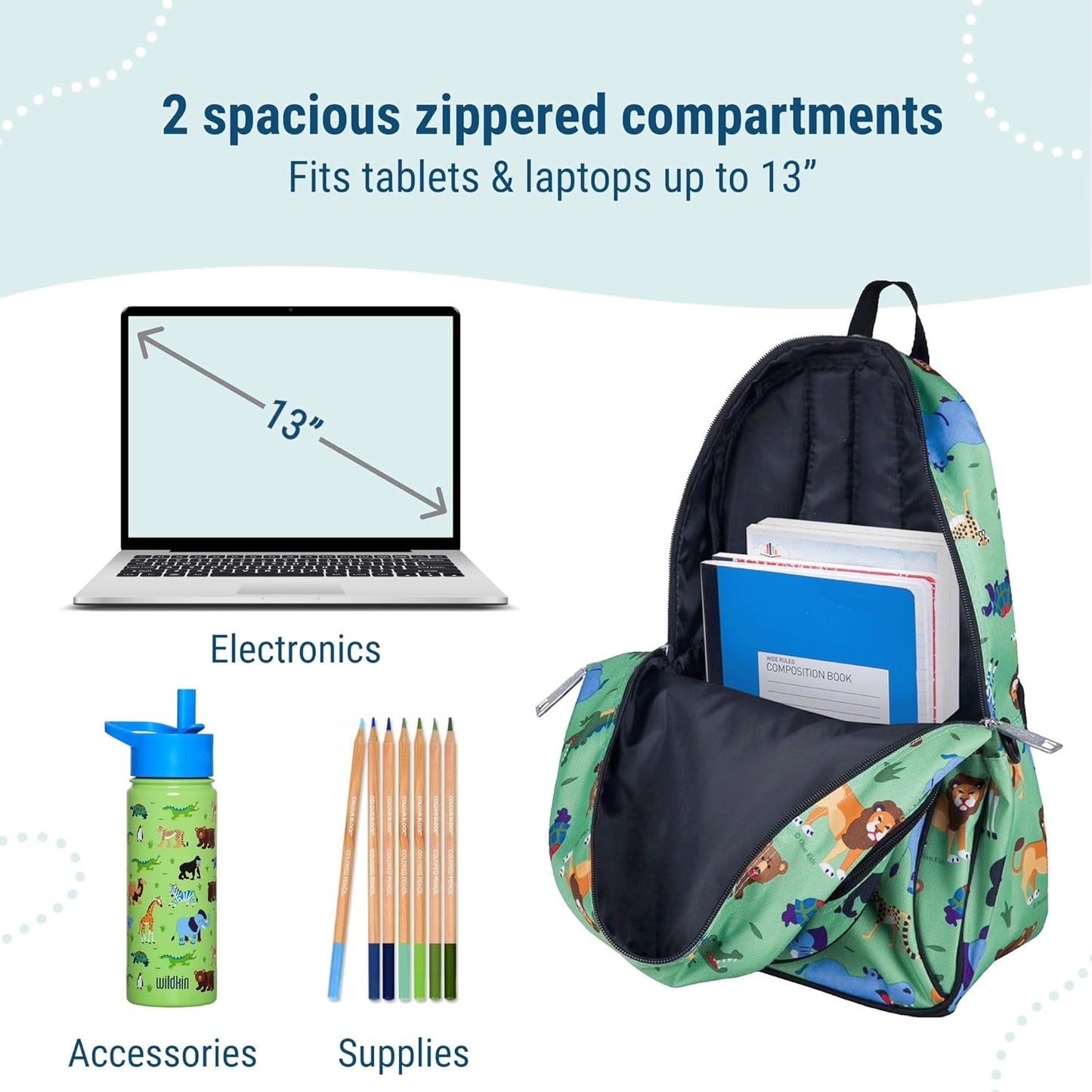 Wildkin 15-inch Kids Backpack – Durable, Padded, Adjustable for School & Travel - Wild Animals
