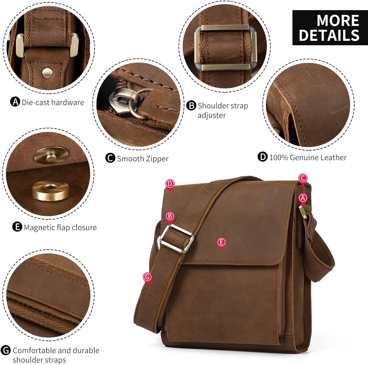 Augus Leather Messenger Crossbody Shoulder Bag for Men Work Business Casual Adjustable straps With YKK Metal Zipper