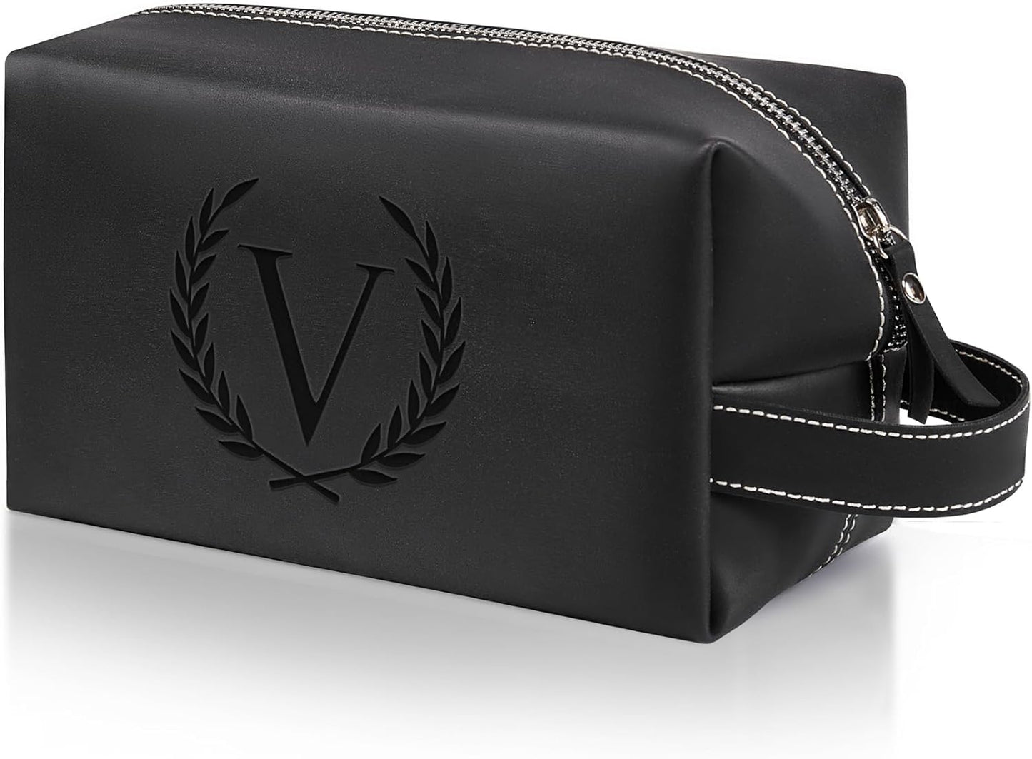 Personalized Gifts Travel Toiletry Bag for Men Engraved Initial PU Leather Waterproof Shaving Bag for Toiletries Accessories Fathers Day Birthday Gift for Men Dad Husband Son, Black V