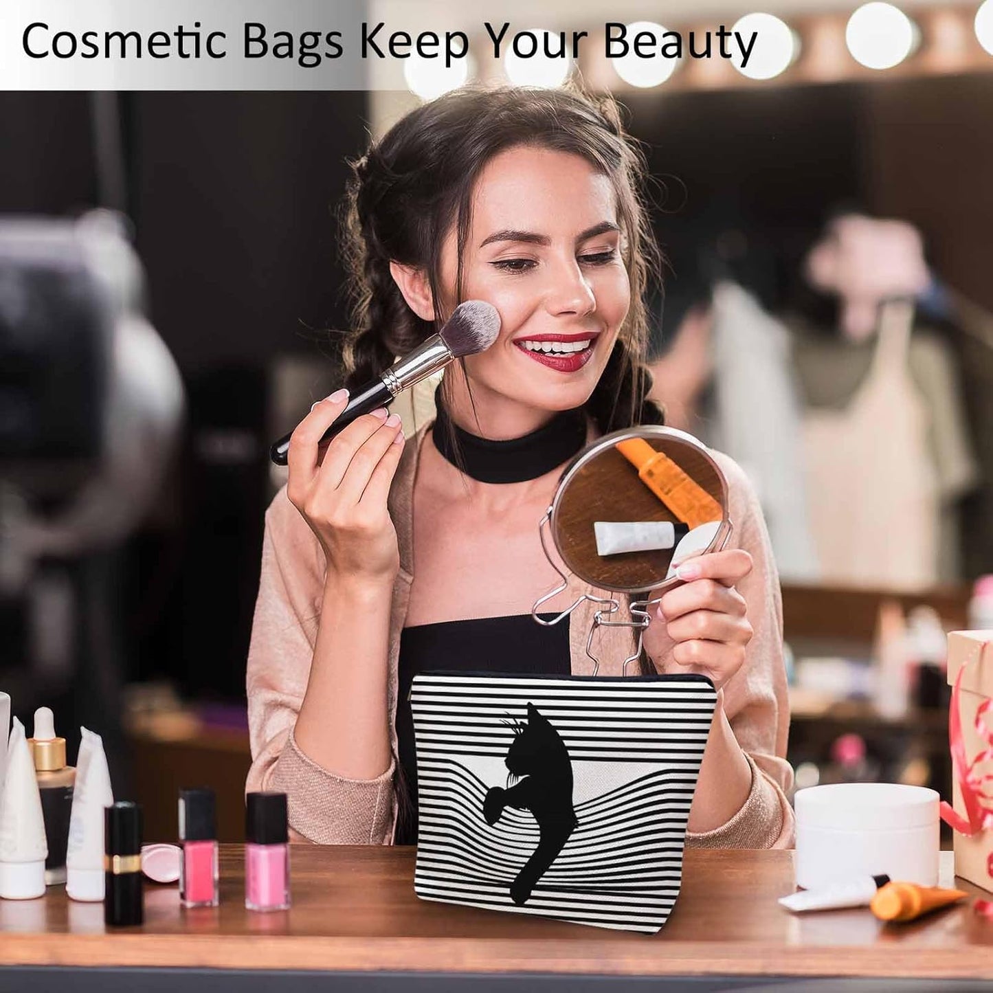 Woman Makeup Bag Black Cat, Funny Kitten Cat Stripes White Makeup Bags Travel Cosmetic Bags Toiletry Makeup Organizer Pencil Pouch Make Up Cosmetic Bag For Owners Lady Birthday Gifts
