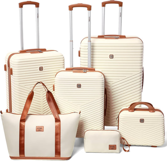 Hoteel 6 Piece Luggage Set (4-YEAR WARRANTY) Carry on ABS+PC Hard Shell Suitcase with Spinner Wheels & TSA Lock (Beige)
