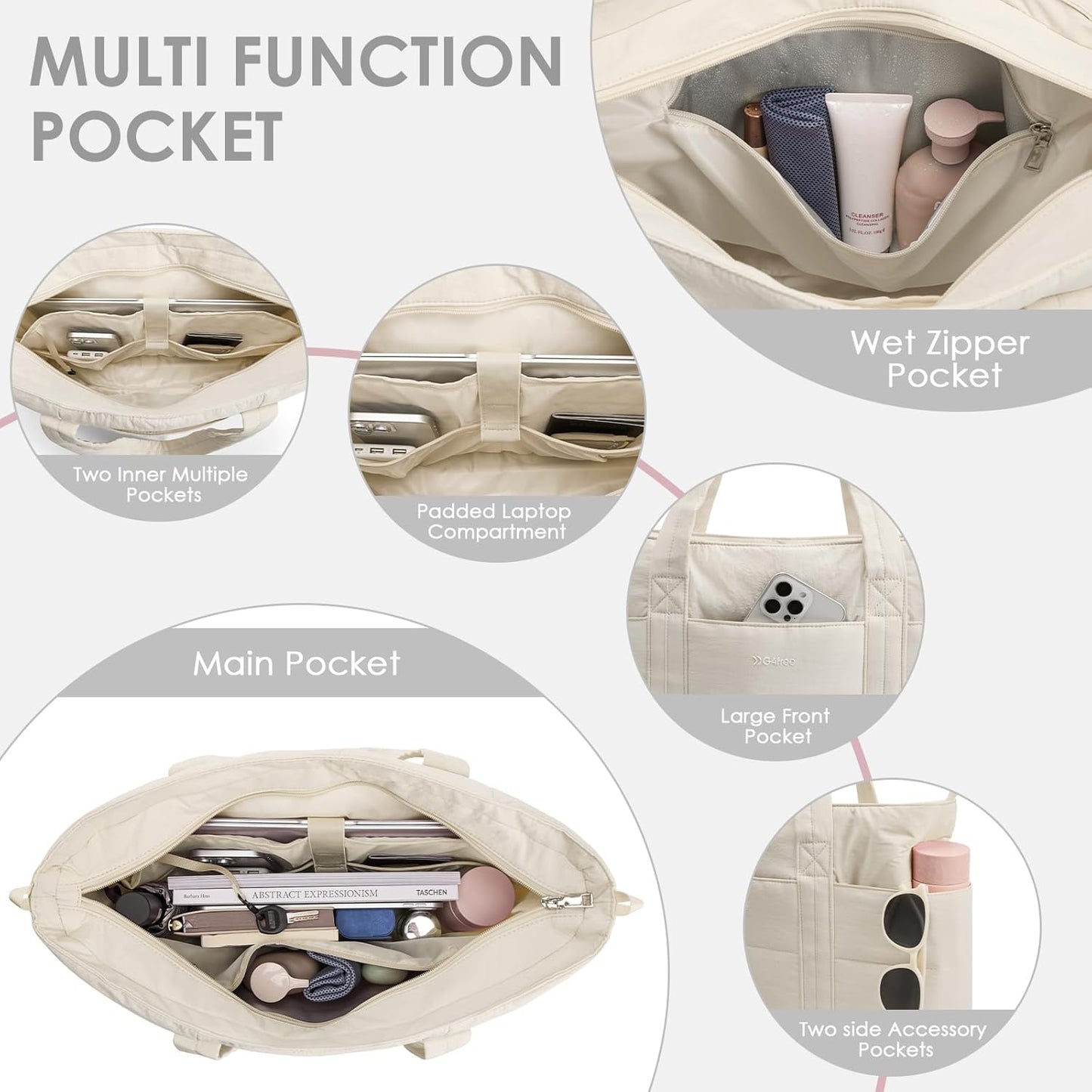G4Free Tote Bag for Women,Puffer Work Bags with Zipper Compartments, Expandable Handbag for Travel Work Sport
