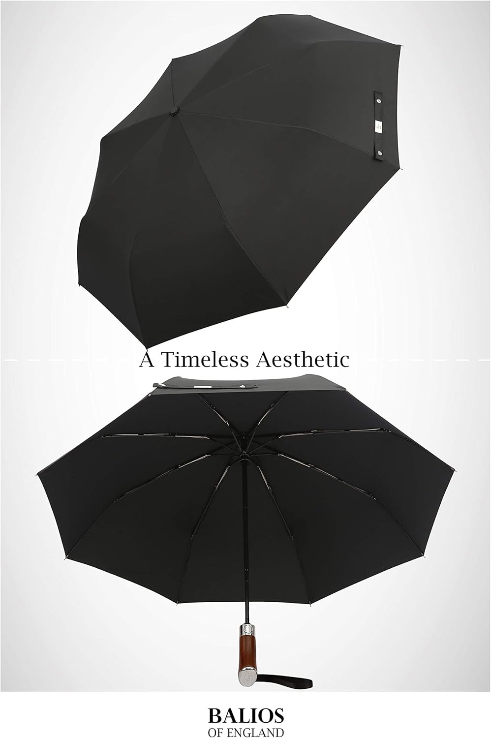 Balios (Designed in UK) Travel Umbrella Luxurious Golden Hardwood Handle Auto Open & Close