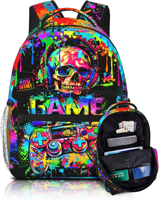 Video Game Backpack for Boys Backpacks for School Boys Graffiti Gaming School Bookbags for Kids Gothic Skull Backpack for Preschool Kindergarten Bookbags Nursery Daycare