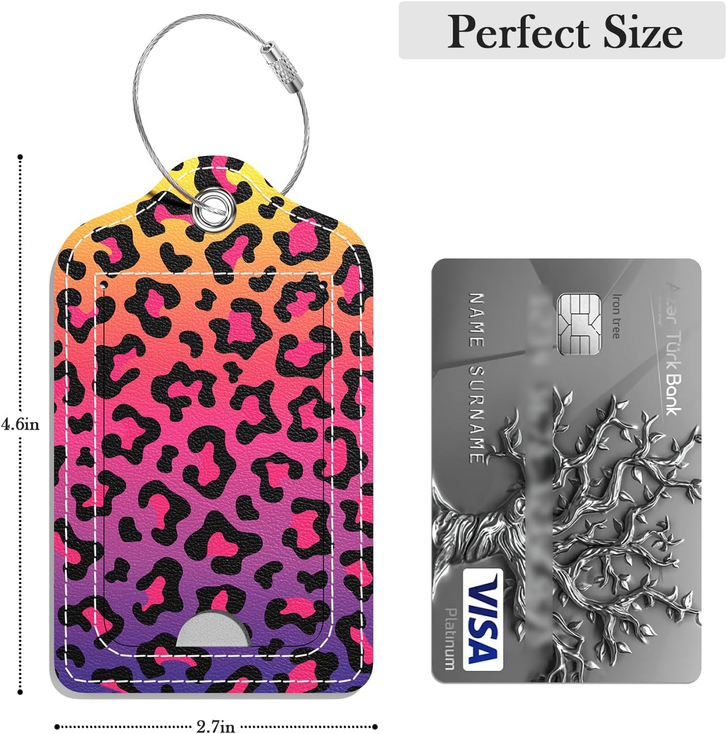 Luggage Tags for Suitcase, 2 Pack PU Leather Travel Cruise Luggage Tag with Privacy Flap, Name ID Label and Metal Loop for Women Men Girls Suitcase Baggage Bag Backpack, Colorful Leopard