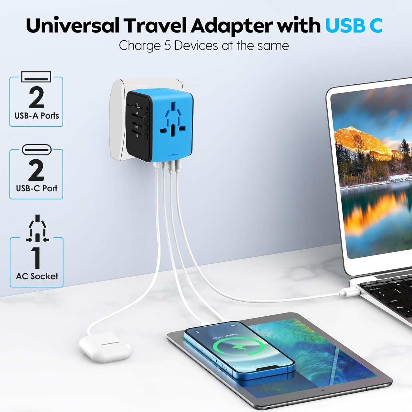 JMFONE Universal Travel Adapter with 4 USB C/A Ports and AC Outlets, All-in-One International Power Plug Adapter for All USB Devices, Worldwide Travel Charger for Europe US UK AU 200+ Countries(Blue)