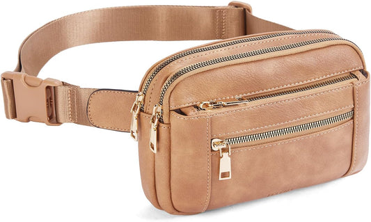 Telena Fanny Packs for Women Cross Body Bag Leather Belt Bag Fashionable Waist Bag with Adjustable Strap Camel Brown