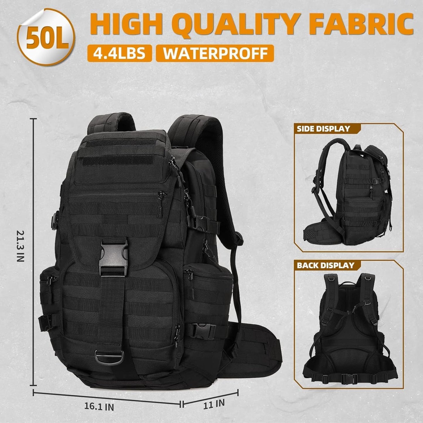 50L Military Tactical Backpack 3 Day Assault Pack Molle Daypack Hiking Backpack for Men and Women (Black)