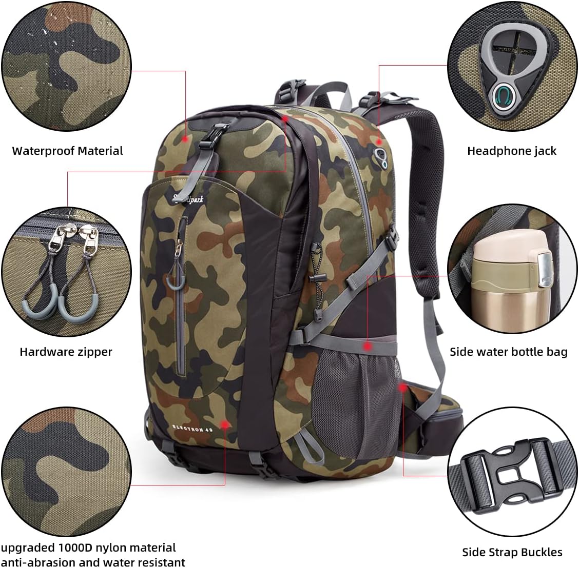 SPEEDPARK Hiking Backpack 40L Waterproof Hiking Daypack with Rain Cover, Outdoor Trekking Travel Backpacks for Men Women