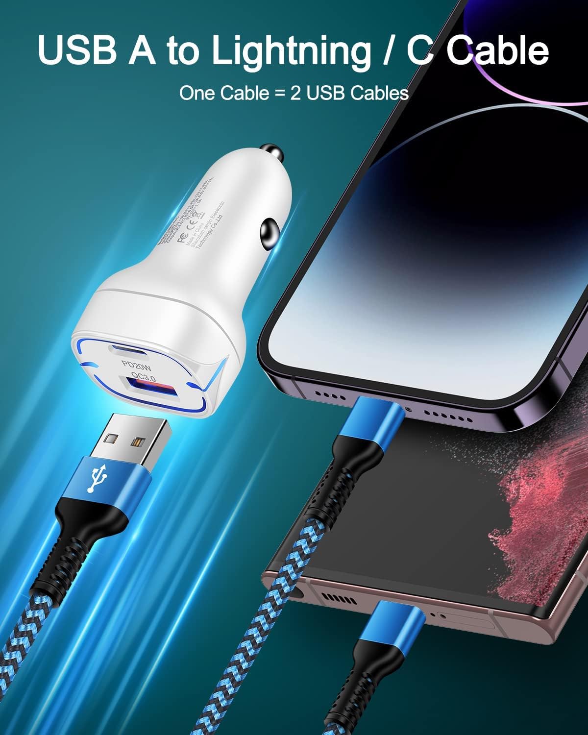 3Pack-4FT Apple & Android USB to Lightning & USB-C 2-in-1 Fast Charger Cable for iPhone 17 17Pro 16e 16 15 14 Pro Max Plus 13 12, Samsung Galaxy A17 A16, Google Pixel 10, Multi USBC Lighting USB Cord