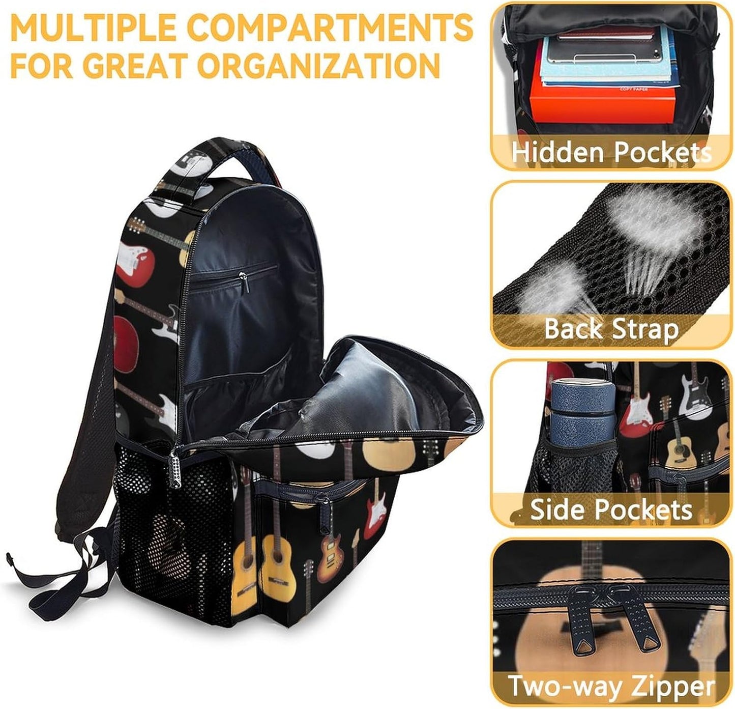 Mercuryelf Guitar Kids Backpack with Lunch Box Set, 3 in 1 School Backpacks Matching Combo, Popular Black Bookbag and Pencil Case Bundle