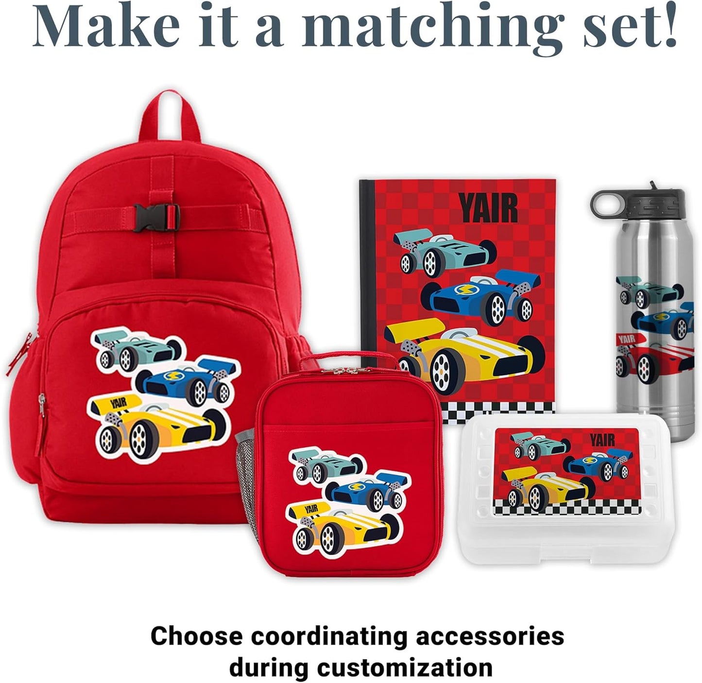 Let's Make Memories Kids Backpack for School - Personalized Back to School Supplies - Bookbag with Optional Lunch Box - Red, Race Cars
