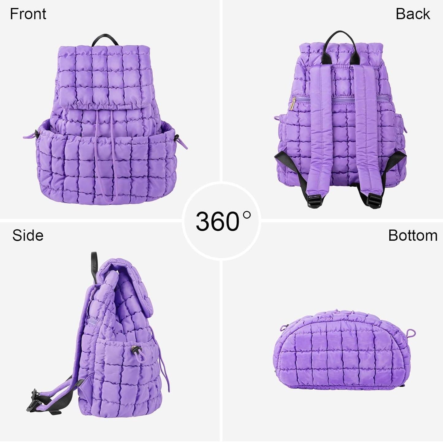 XSUIOY Quilted Backpack Purse for Women Small Lightweight Puffer Puffy College Laptop Backpack Nylon Casual Bookbag Daypack Top Flap Drawstring Padding Hiker Travel Gym Backpack(Purple)