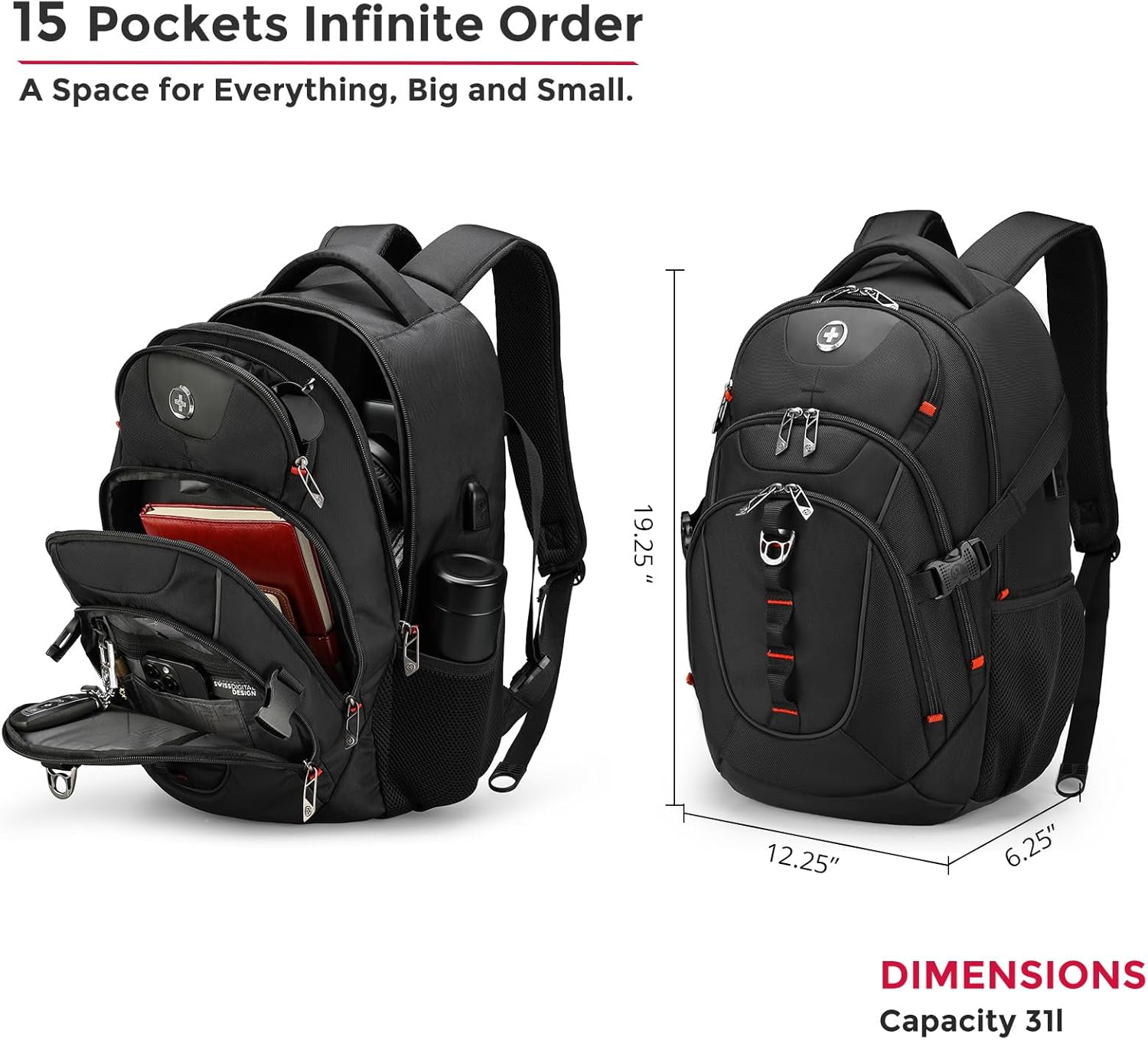 Swissdigital Design Laptop Backpack with USB Charging Port, Travel Backpack Fits 15.6 inches