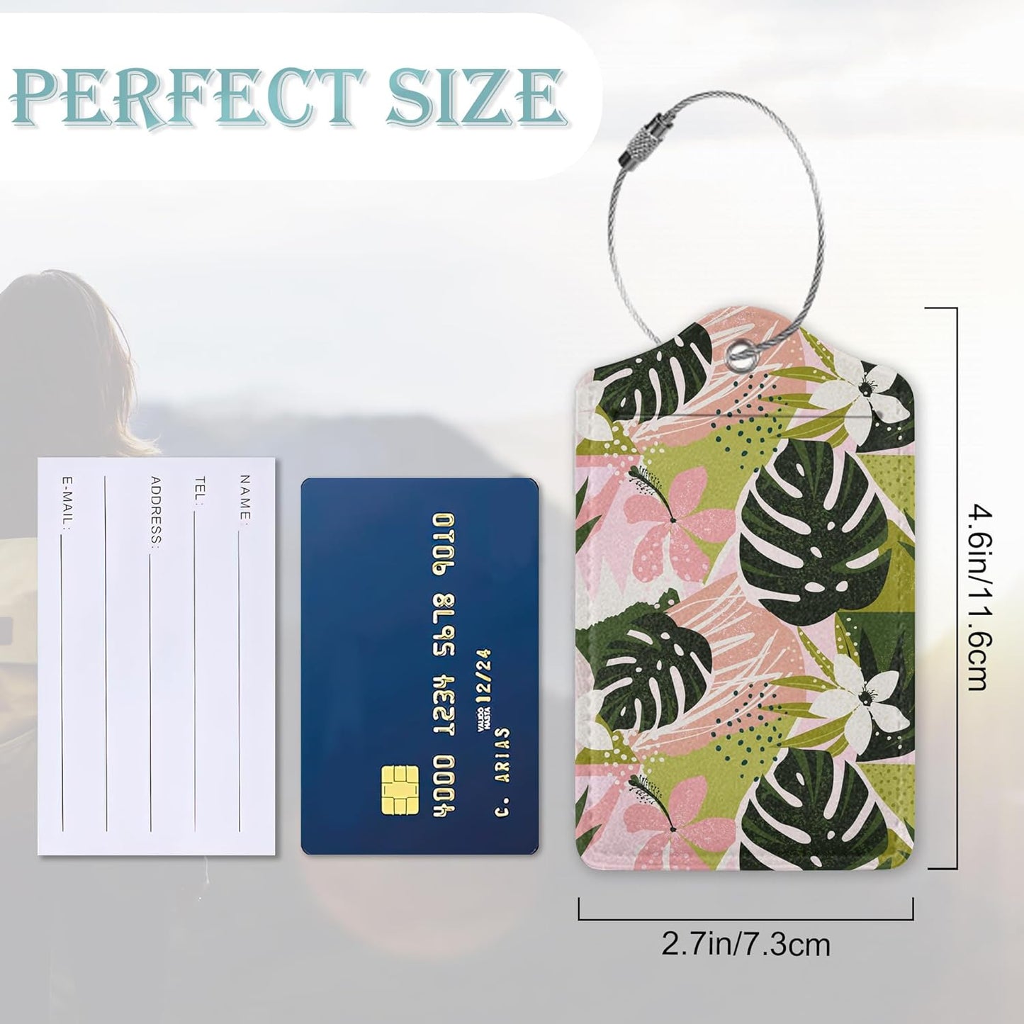 Luggage Tags for Suitcase,2 Pack Boho Flowers Tropical Leaves Luggage Tag PU Leather Privacy Cover ID Label with Stainless Steel Loop for Women Men Teens Travel