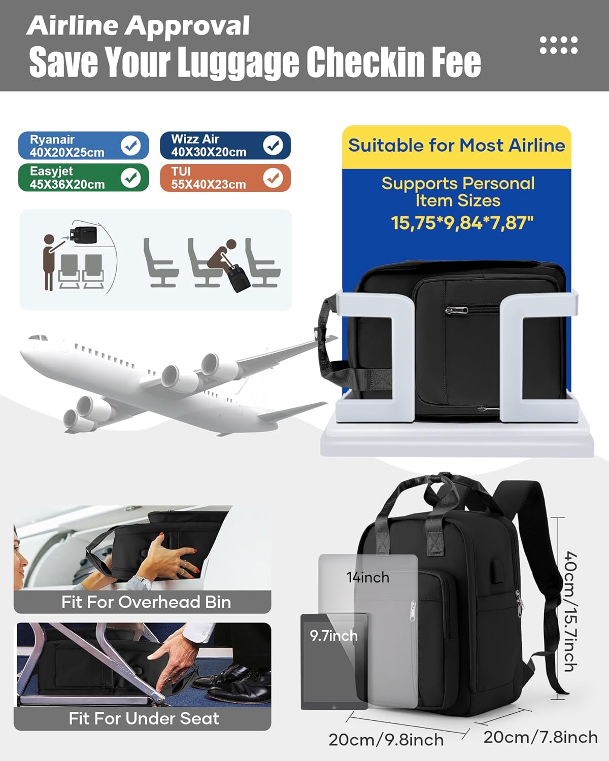 Vacuum Travel Backpack with Pump,Personal Item Carry on Backpacks Flight Approved 18x14x8 inches Women,Laptop Waterproof Work Compression bags hiking Casual Daypack Compresion