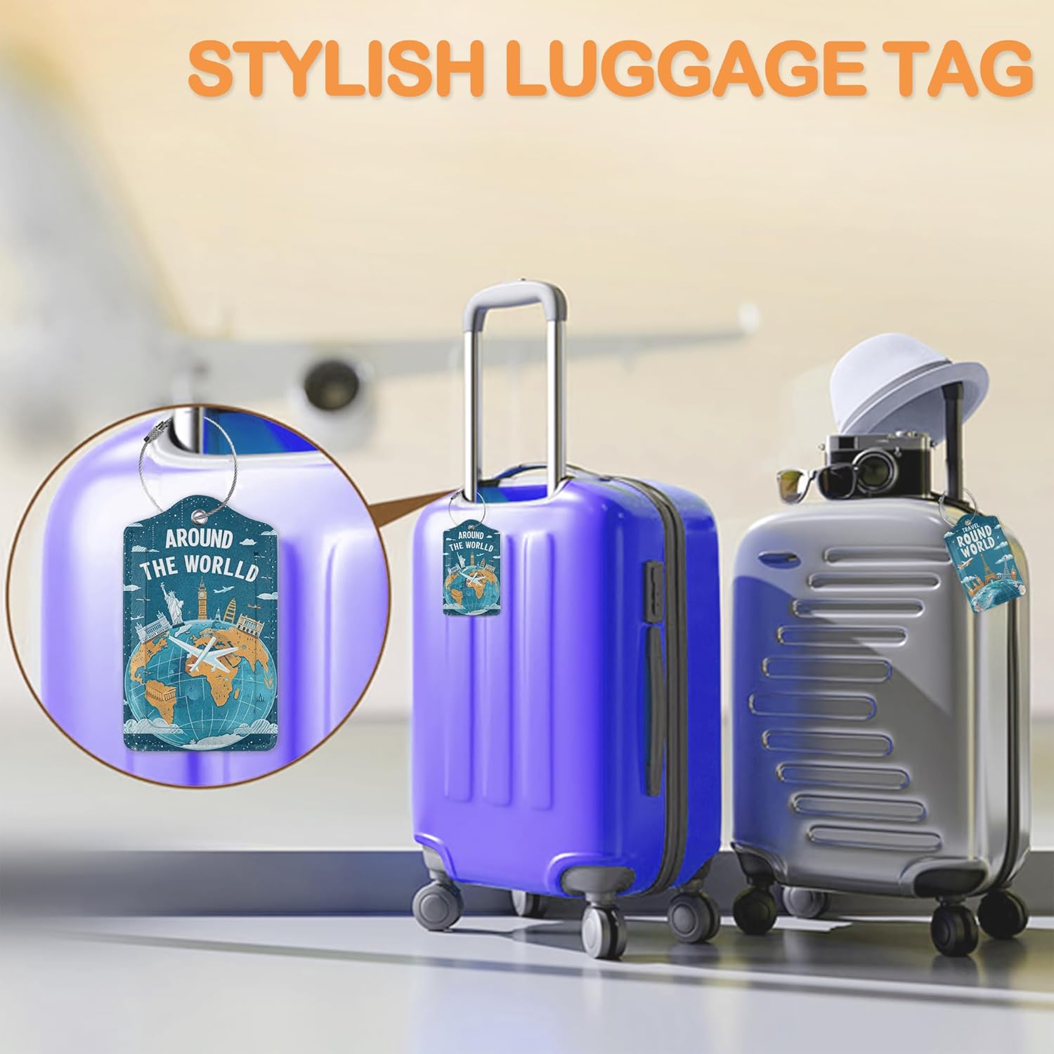 Around The World Travel Art 3 PCS Luggage Tags, Flight Map Leather Suitcase Tags with Privacy Cover